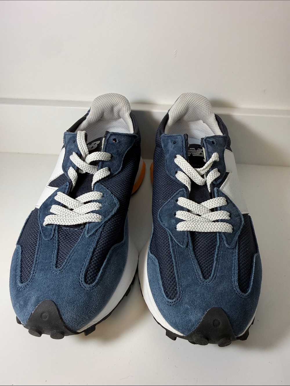 New Balance 327 Navy Suede Sneakers w/ White & Orange Accents Size 7 (Men)